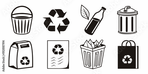 Illustrations of various recycling and waste disposal symbols and icons Vector