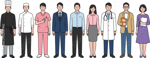 Diverse professional people lineup illustration featuring chef, nurse, doctor, teacher, office worker and business team isolated on neutral backgroundDiverse professional people 