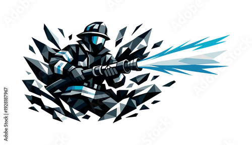 Futuristic Firefighter Illustration. Low-poly vector illustration of a firefighter breaking through with a fully controlled hose