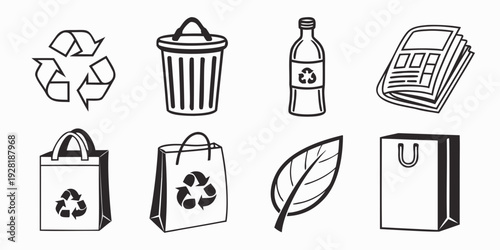 Assorted recycling and waste disposal symbols and icons representing eco-friendly practices. Vector