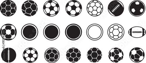 Soccer and Football Ball Icon Set - Assorted Sports Balls, Silhouette Graphic Symbols for Tournament, League, and Match Vector