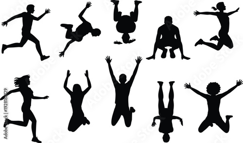 Silhouettes of people performing various dynamic poses and exercises on a white background