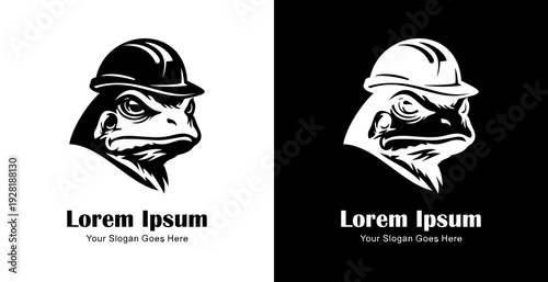 Logo design in the shape of a frog's head wearing a project helmet