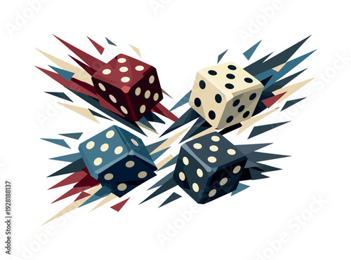 Low-poly vector illustration of dice accelerating into a roll burst, dynamic diagonal composition with the dice slicing through