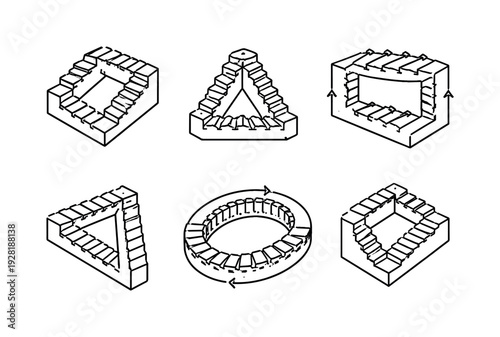 Impossible Loop Icons. Line style vector icons of infinite loop stairs: impossible-stair icon, looping-path motif,
