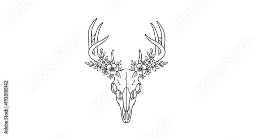 Deer Skull with Antlers and Flowers.