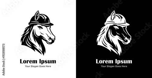 Logo design in the form of a horse's head wearing a project helmet