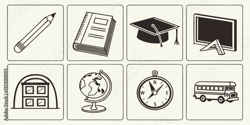 Illustrations of educational tools and symbols representing learning and school activities Vector