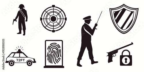 Diverse icons representing law enforcement and security concepts in black and white Vector