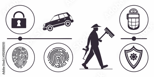 A person walking past various security icons representing different security measures. Vector
