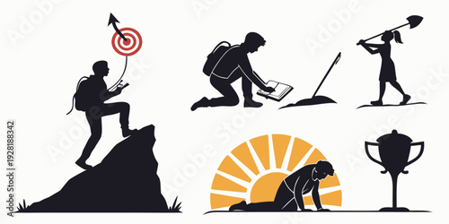 Illustration of a hiker, a climber, a gardener, and a trophy. Vector