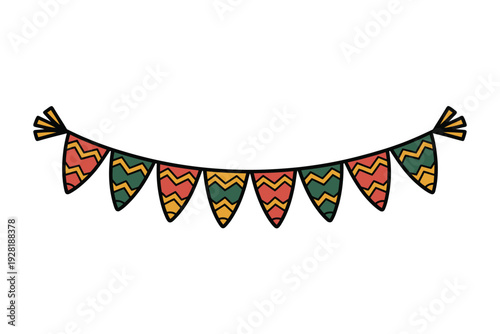 A colorful bunting illustration with triangular flags and festive patterns