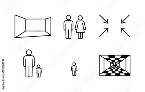 Optical Illusion Icons. Line style vector icons of size-illusion room: distorted-room outline, human-figure motif,