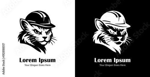 Logo design in the form of a cat's head wearing a project helmet