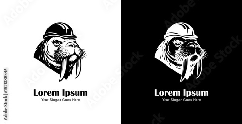 Logo design in the form of a walrus head wearing a project helmet