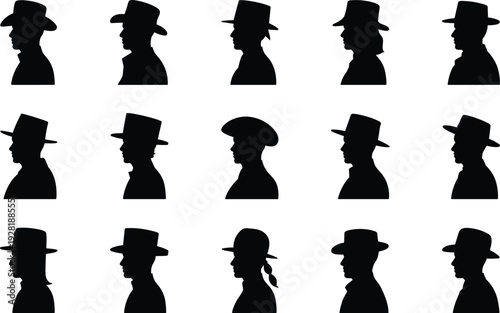 Silhouettes of people wearing different types of hats in a grid pattern on white background
