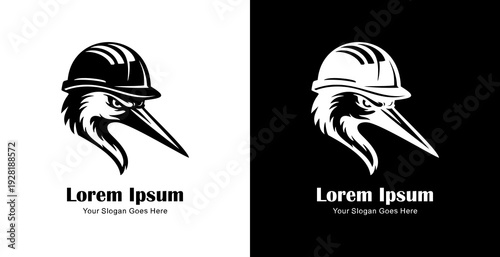 Logo design in the shape of a stork's head wearing a project helmet