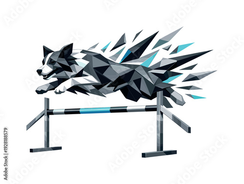 Low-poly vector illustration of a dog achieving a perfect agility leap breakthrough, flawlessly aligned angular posture with