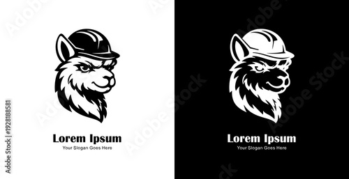 Logo design in the shape of an alpaca head wearing a project helmet