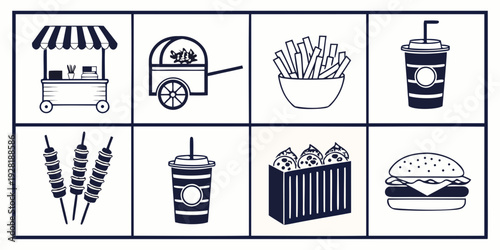 A diverse collection of food items and related objects in a grid layout Vector