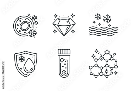 Line style vector icons of cryopreservation vitrification: biological-sample icon, glass-like motif, cooling-wave outline,