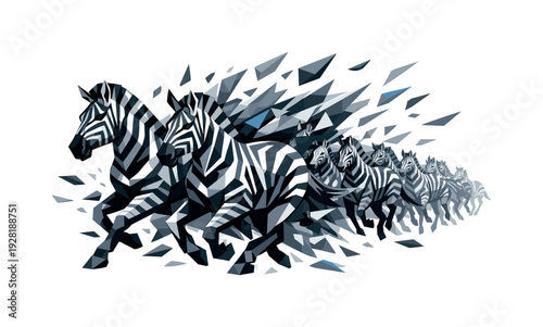 Zebra Breakthrough. Low-poly vector illustration of a zebra herd breaking through the disruption, leading zebras surging ahead