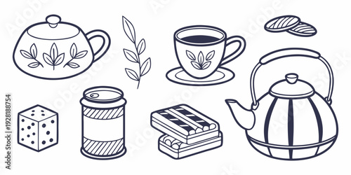 Assorted food items including a cupcake, coffee, bread, and a jar of jam Vector