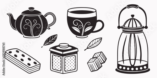 A delightful assortment of breakfast items including coffee, tea, and pastries. Vector