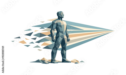 Low-poly vector illustration of a storm wind push future state, figure standing resilient and upright as wind geometry calms into