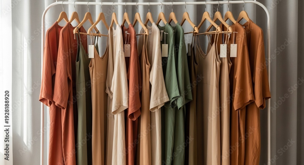 Obraz premium Neutral-toned linen dresses and tops hanging on a white clothing rack with wooden hangers, showcasing a minimalist fashion collection.