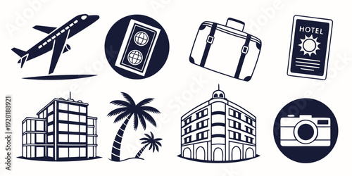 Collection of icons representing various travel and accommodation services Vector