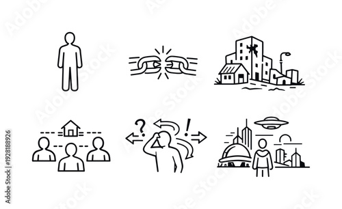 Line style vector icons of awakening isolation: human-figure outline, severed-connections motif, abandoned-cityscape icon,