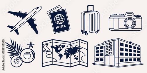 Assorted travel icons depicting various modes of transportation and travel essentials Vector