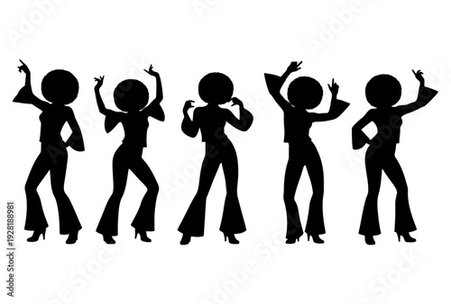 Disco dancers silhouette on white background, retro party vibe