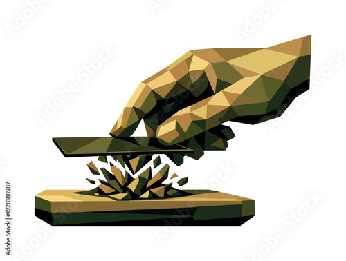 Low-poly vector illustration of peak tension at the moment of near-contact, card or device millimeters from the terminal surface,