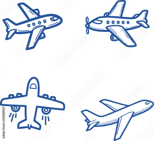 Four different airplanes in flight and landing