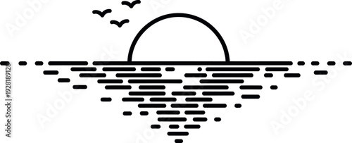 A serene sunset over a tranquil lake with distant mountains and flying birds