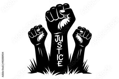 Powerful Raised Fists with 'Justice' Text for Rights and Empowerment