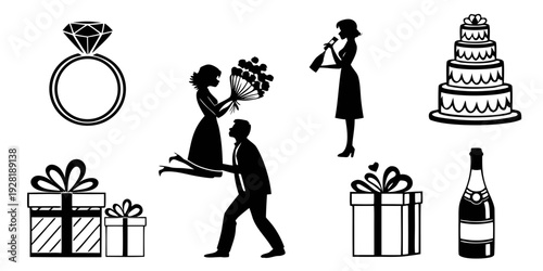Illustrations of wedding gifts, rings, and a couple celebrating their special day Vector