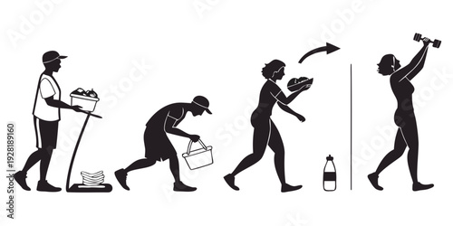 Illustration of the evolution of human posture and tools over time Vector
