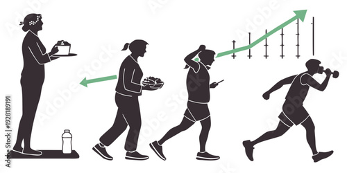 Illustration of a person evolving into a runner with a graph showing progress Vector