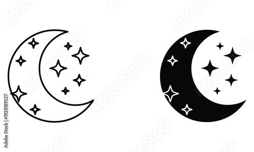 Crescent Moon and Stars Icon Set: Black Silhouette and Outline for Design