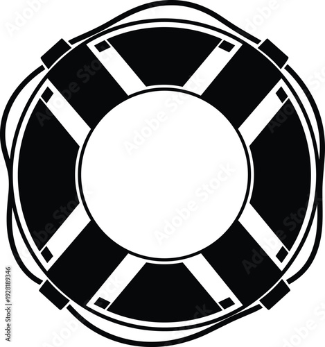 Black and white lifebuoy silhouette with rope outline representing maritime safety nautical rescue equipment emergency life saver and sea travel protection icons and symbols