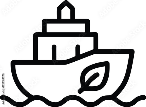 A clean line drawing of a ship with an environmental leaf symbol sailing on waves