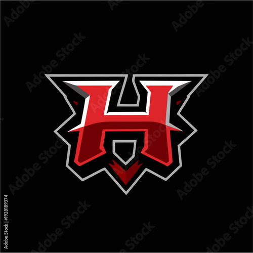 Logo maskot naga merah agresif dengan monogram huruf H tebal, lambang game esport modern dalam gaya vektor datar, sempurna untuk branding tim kompetitif, identitas klan, dan desain logo olahraga yang 
