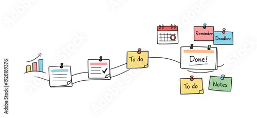 Milestone roadmap path, notebook strips as checkpoints, mini chart and calendar icons, pinned sticky notes for Overtime tracking