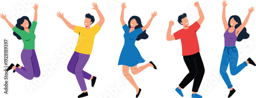 Happy diverse young people jumping with excitement, energetic friends celebrating success together, joyful lifestyle flat illustration isolated background
