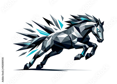 Low-poly vector illustration of a horse breaking through into a dominant gallop charge, perfectly aligned angular posture with