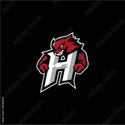 Logo maskot naga merah agresif dengan monogram huruf H tebal, lambang game esport modern dalam gaya vektor datar, sempurna untuk branding tim kompetitif, identitas klan, dan desain logo olahraga yang 