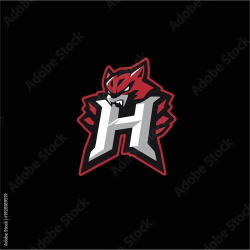 Logo maskot naga merah agresif dengan monogram huruf H tebal, lambang game esport modern dalam gaya vektor datar, sempurna untuk branding tim kompetitif, identitas klan, dan desain logo olahraga yang 